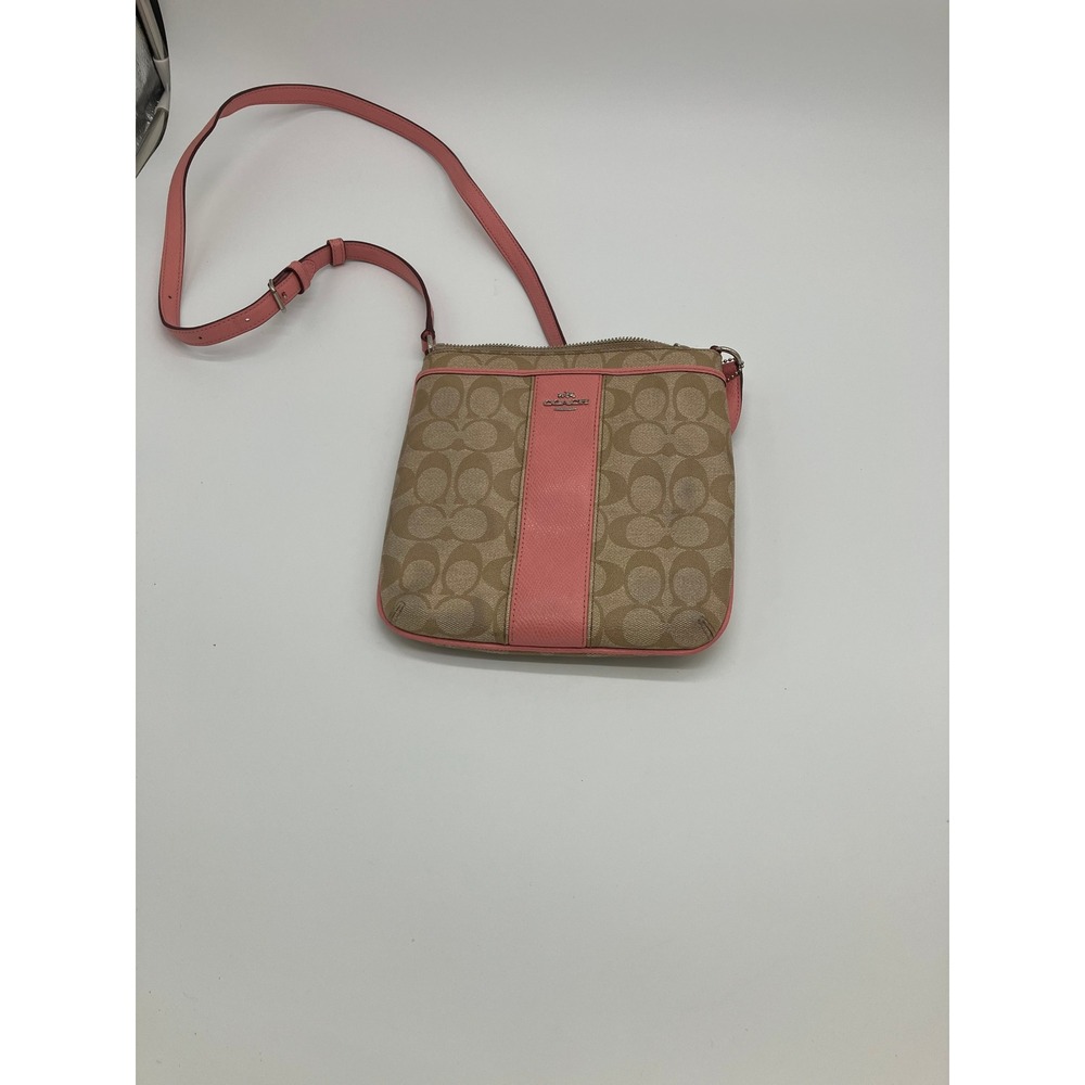 Coach Signature Canvas Pink Stripe Crossbody Bag Brown Two‎ Tone Monogram Purse